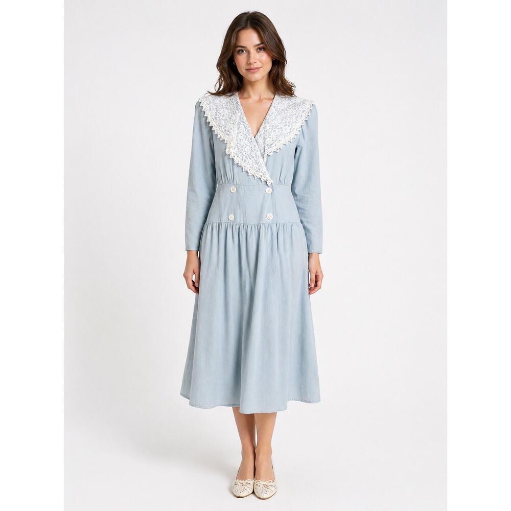 1980s Variations Blue Prairie Dress Lace Collar Cottagecore wrap front Small